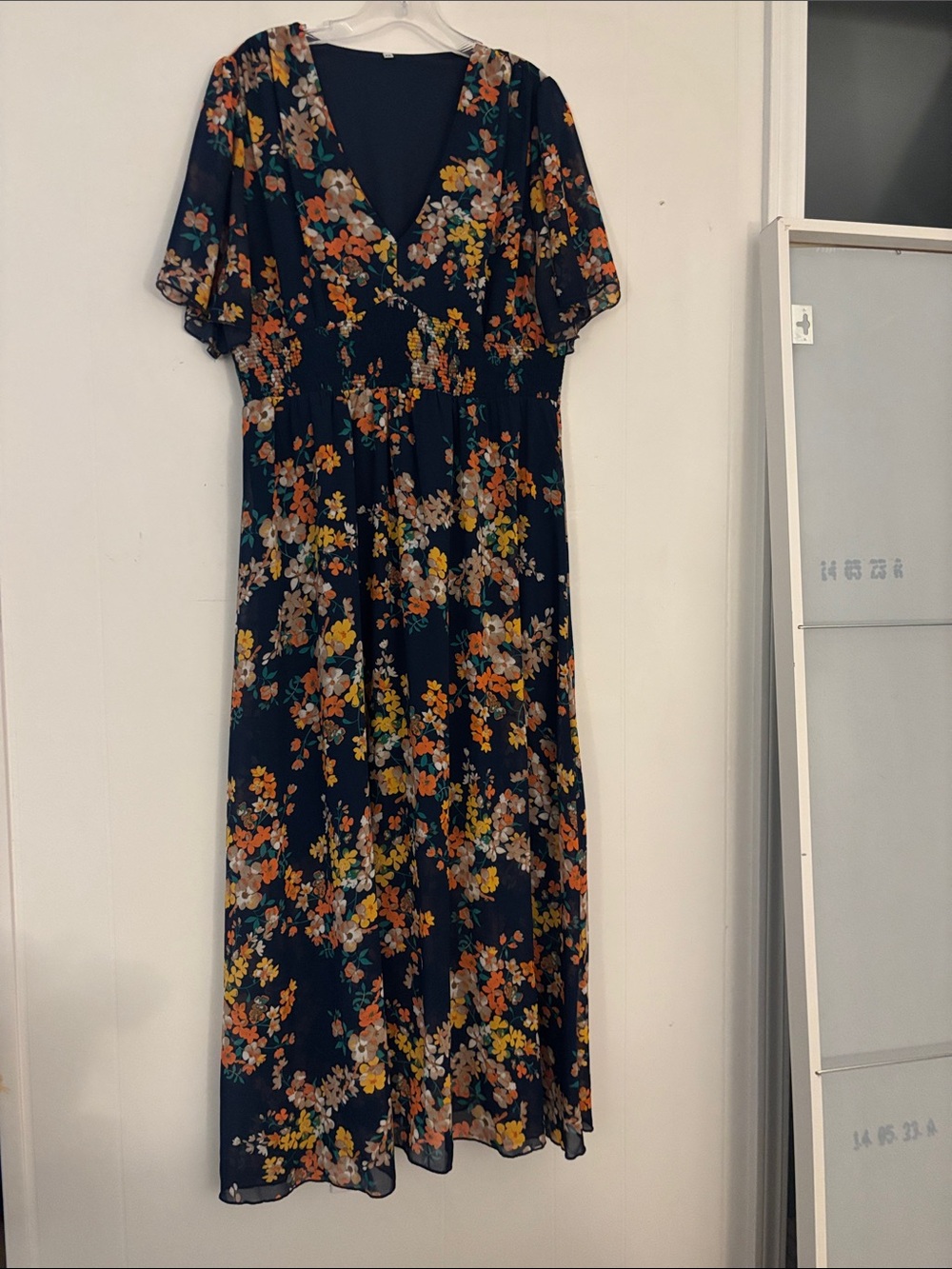 Floral V-Neck Maxi Dress - Navy with Orange & Yellow Floral
